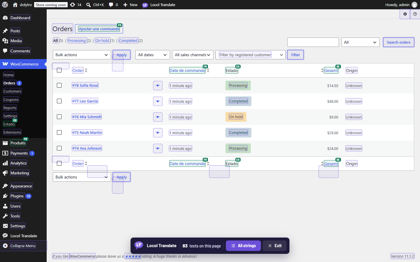 Real WooCommerce admin screen (Orders) with Locol Translate turned on