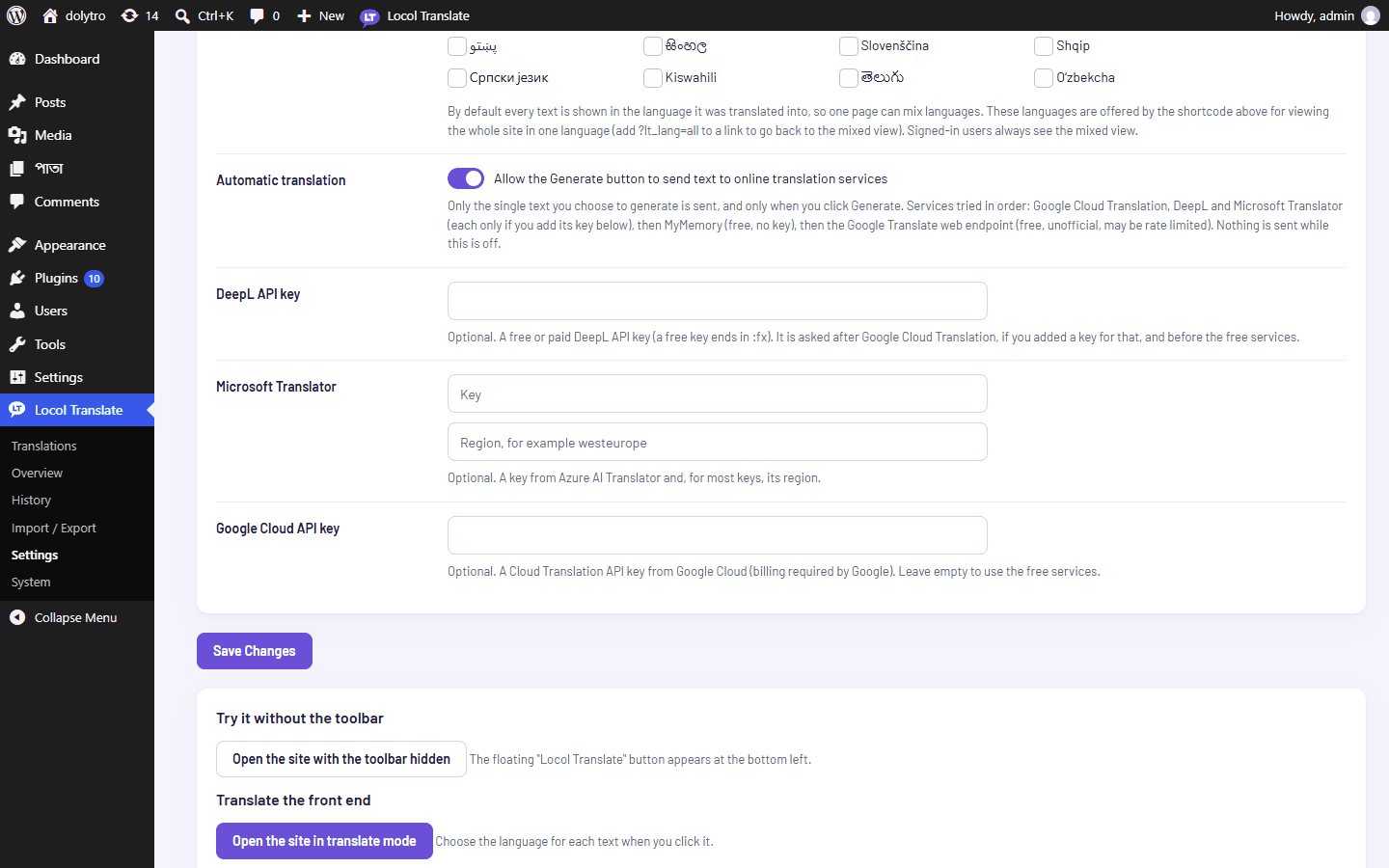 The Automatic translation switch and the DeepL, Microsoft Translator and Google Cloud key fields under Settings.