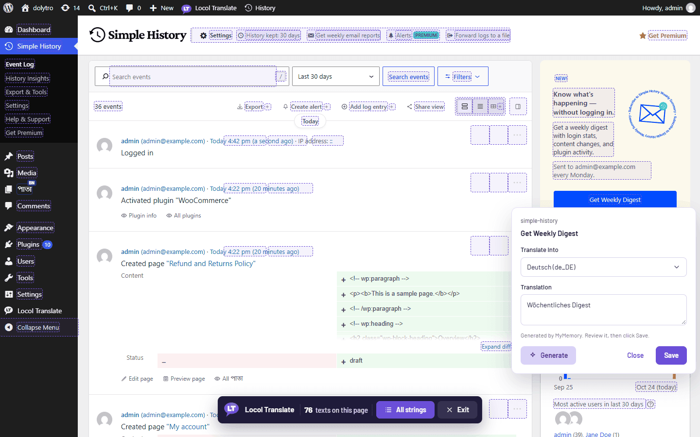 A plugin screen in translate mode. The editor shows a German draft under the line Generated by MyMemory. Review it, then click Save.