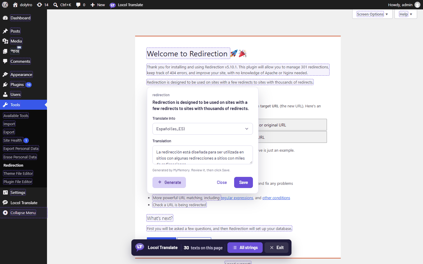 A plugin screen with the editor open. Spanish is chosen and a draft from MyMemory is in the text box, under the line Generated by MyMemory. Review it, then click Save.