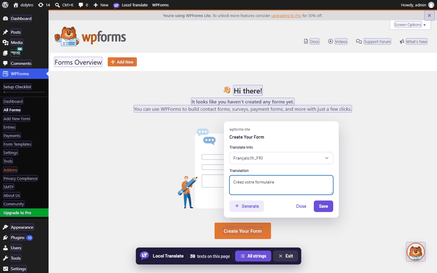 A plugin screen in translate mode, with the editor open on a button text and a French translation typed in.