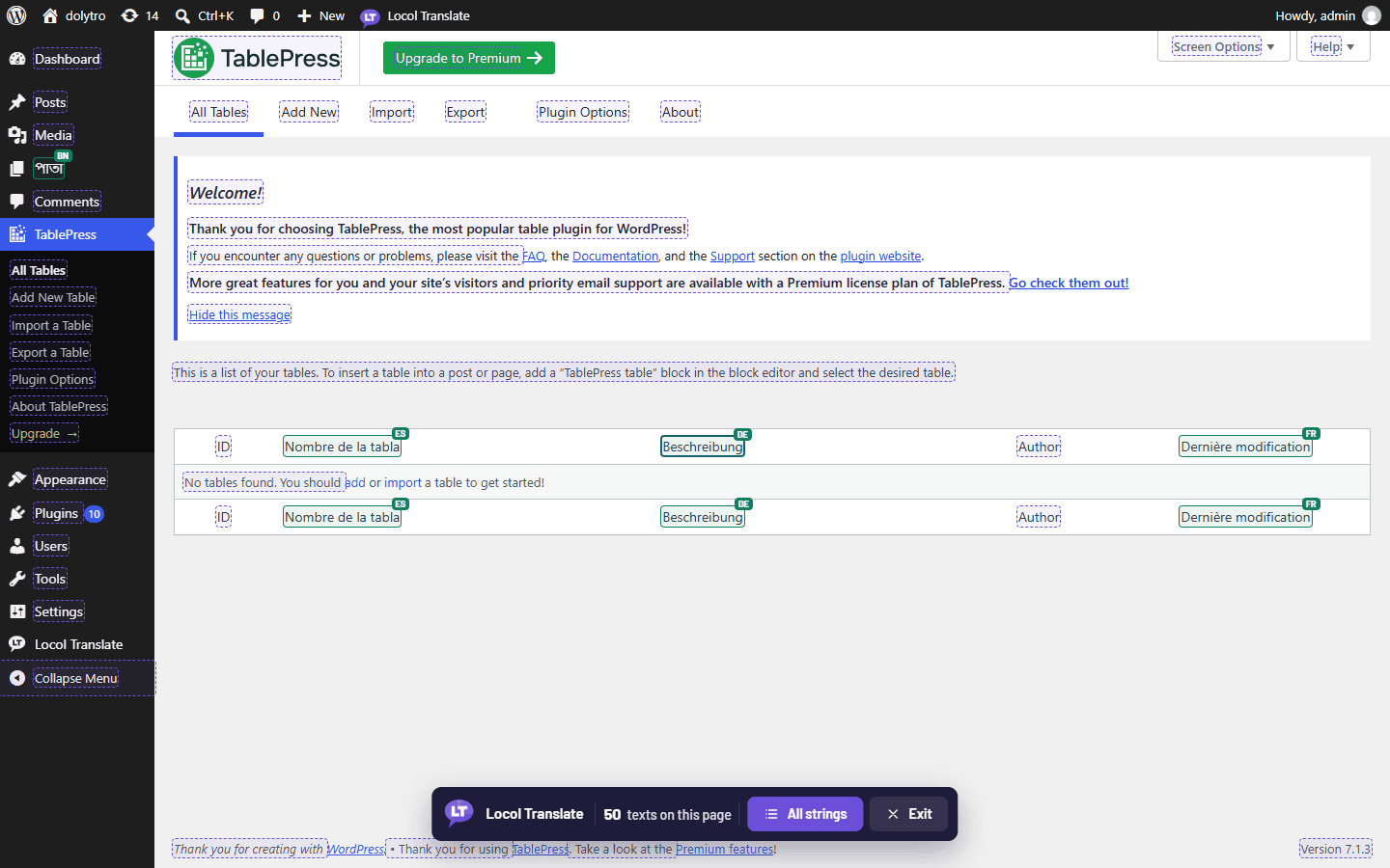 A plugin screen in translate mode. One heading is shown in Spanish, one in French and one in German, each with its language tag.