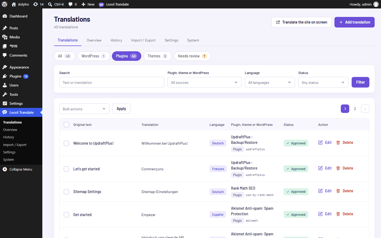 The Translations screen narrowed to Plugins. Each row names the plugin, with a Plugin badge and its text domain.