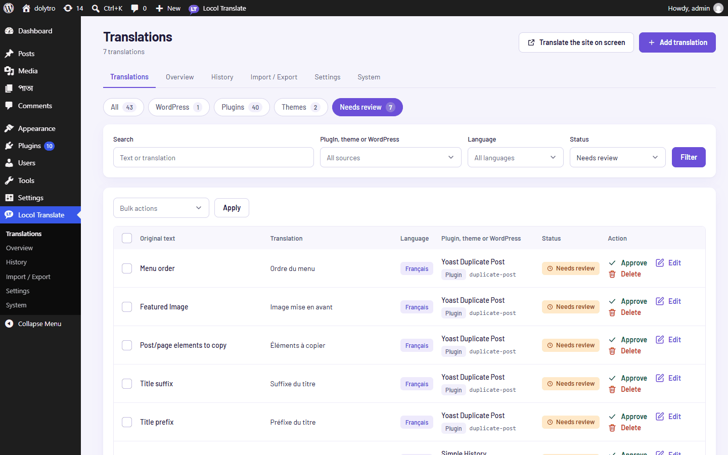 The Translations screen narrowed to Needs review. Each row has Approve, Edit and Delete.