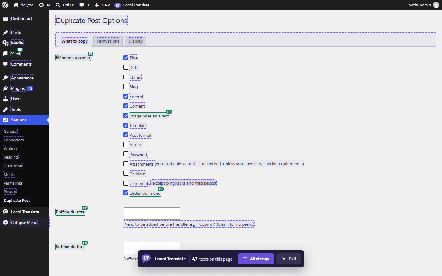 A plugin screen with translate mode on. Dashed outlines can be translated; green ones already are.