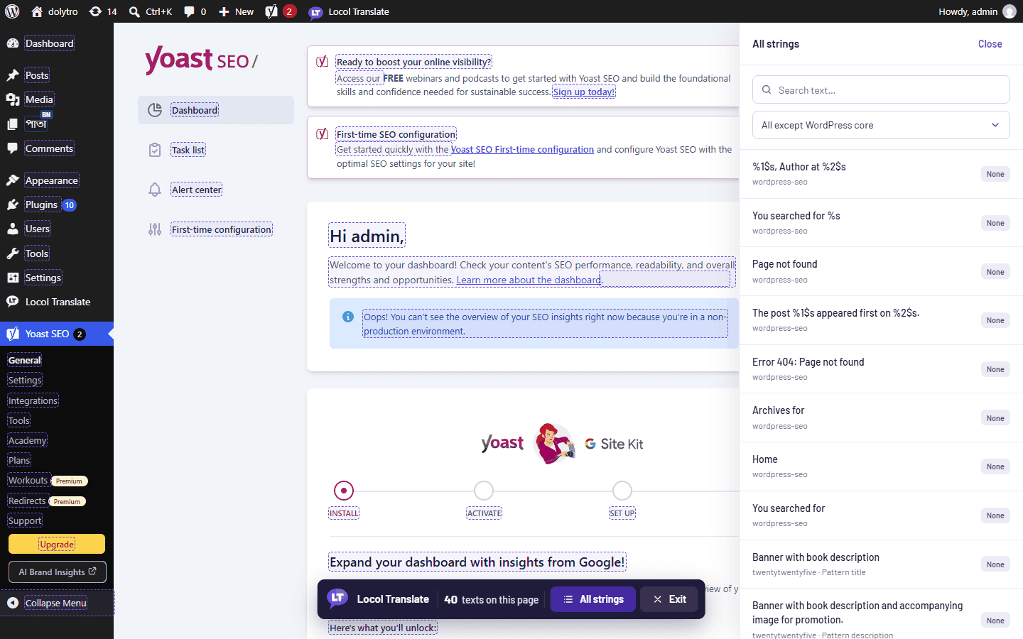 The All strings list on a plugin screen, with a search box and a text domain filter.